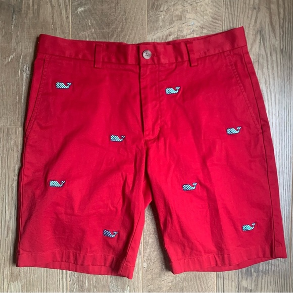 Vineyard Vines Red Flat Front Shorts with Whale Embroidery SZ 32 - Picture 1 of 10